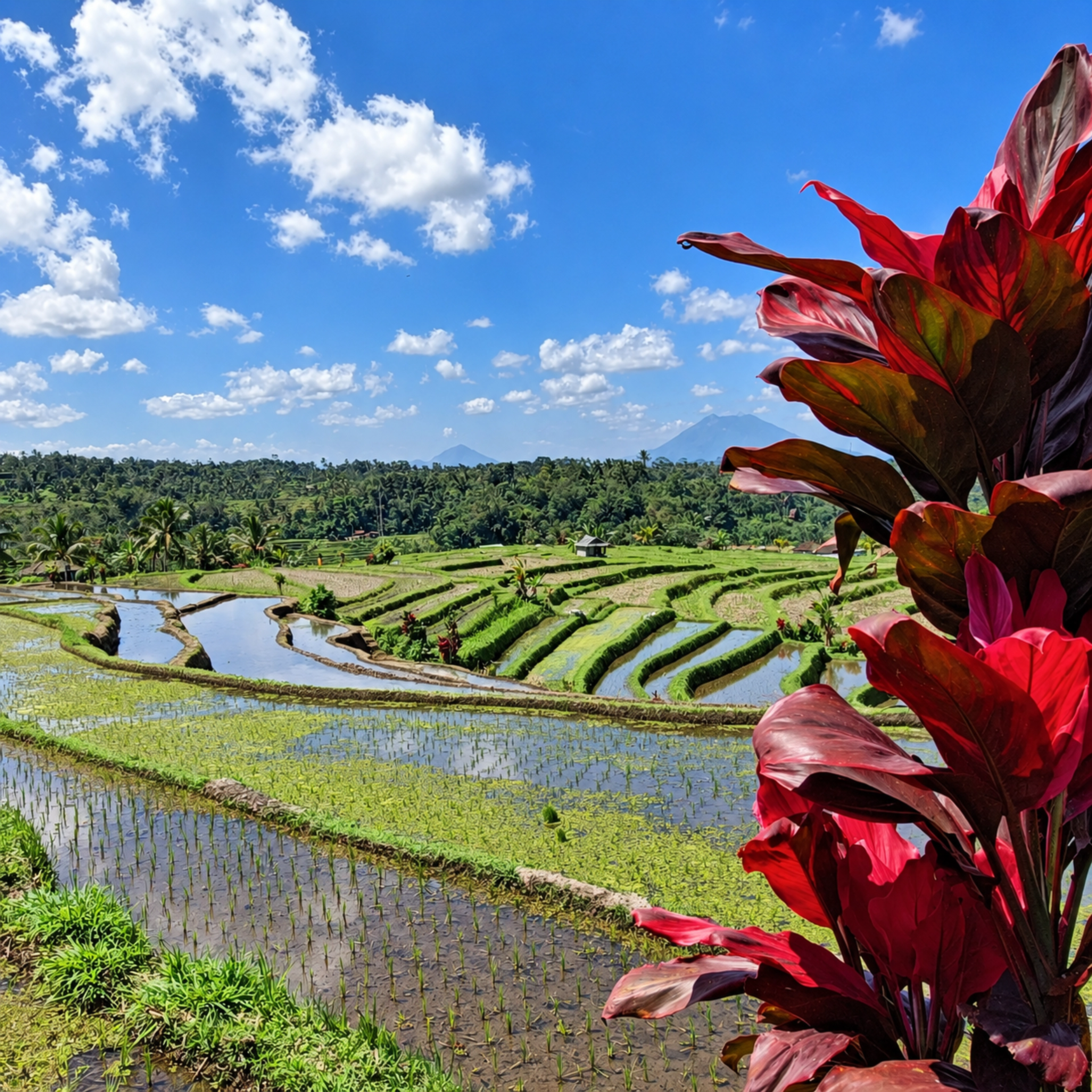 Risaie terrazzate a Bali, con fiori rossi in primo piano